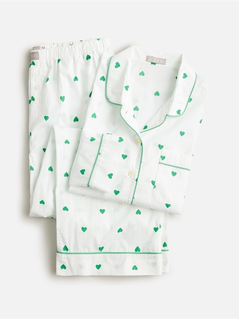 J. Crew White Pajama Set with Green Heart Print XS